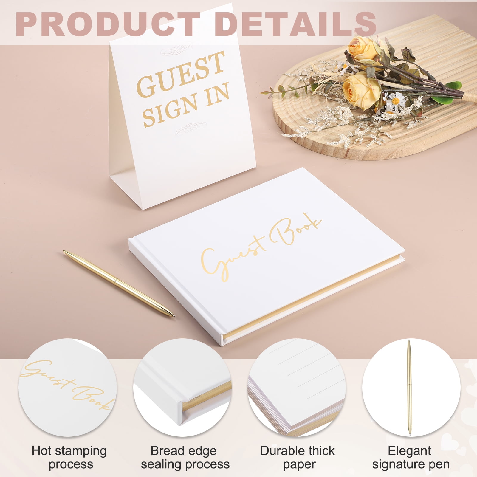 Uxcell Guest Book, 9x7" Elegant Wedding Guestbook Golden Cover Memory Book with Diamond Signing Pen and Greeting Card for Wedding Bridal Shower Birthday Party Events, Gold Tone