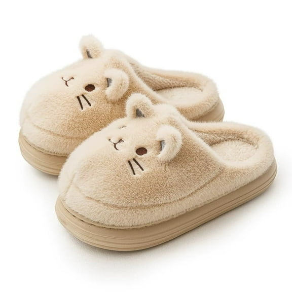 Cute Cat House Slippers with Memory Foam, Non-Slip Waterproof Sole, Plush Fuzzy Indoor Footwear, Khaki（Size：9-10）