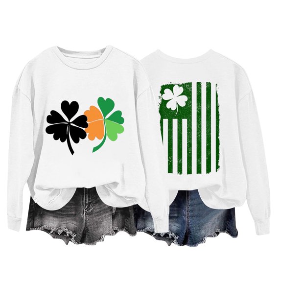 SYMOID Women's Shamrock Printed Long Sleeve Sweatshirts - Crew Neck Irish Celebration Style Tops for Juniors Girl,White,Size S-2XL