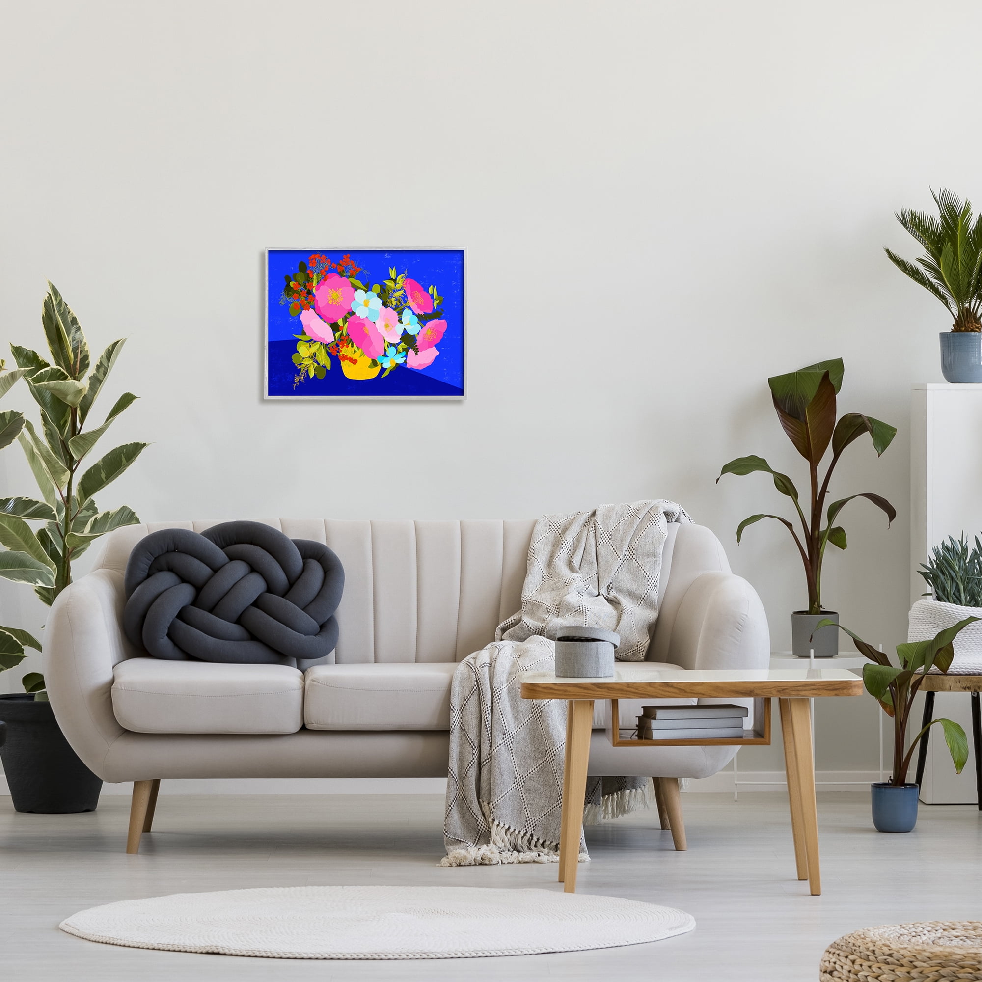 Stupell Industries Vivid Pink & Blue Bouquet Botanical & Floral Painting Gray Framed Art Print Wall Art, 20 x 16