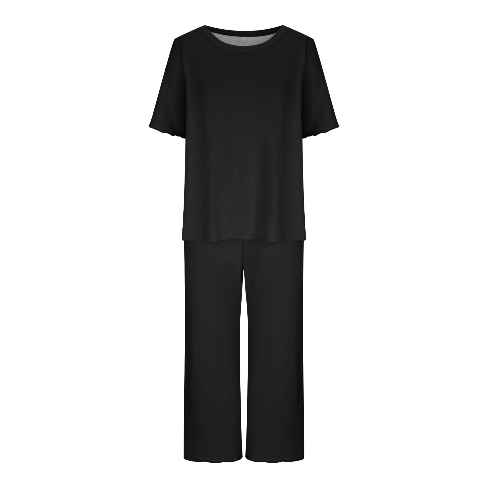 BONIXOOM Womens Christmas Pajamas Family Christmas Pajamas Matching Sets Loungewear Tie Short Sleeve Sleepwear Sets Solid Black XL