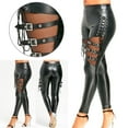 thumbnail image 2 of CENL Women PU Leather Skinny Slim Trouser Gothic Punk Leggings Fishnet Trim Lace Pant, 2 of 7