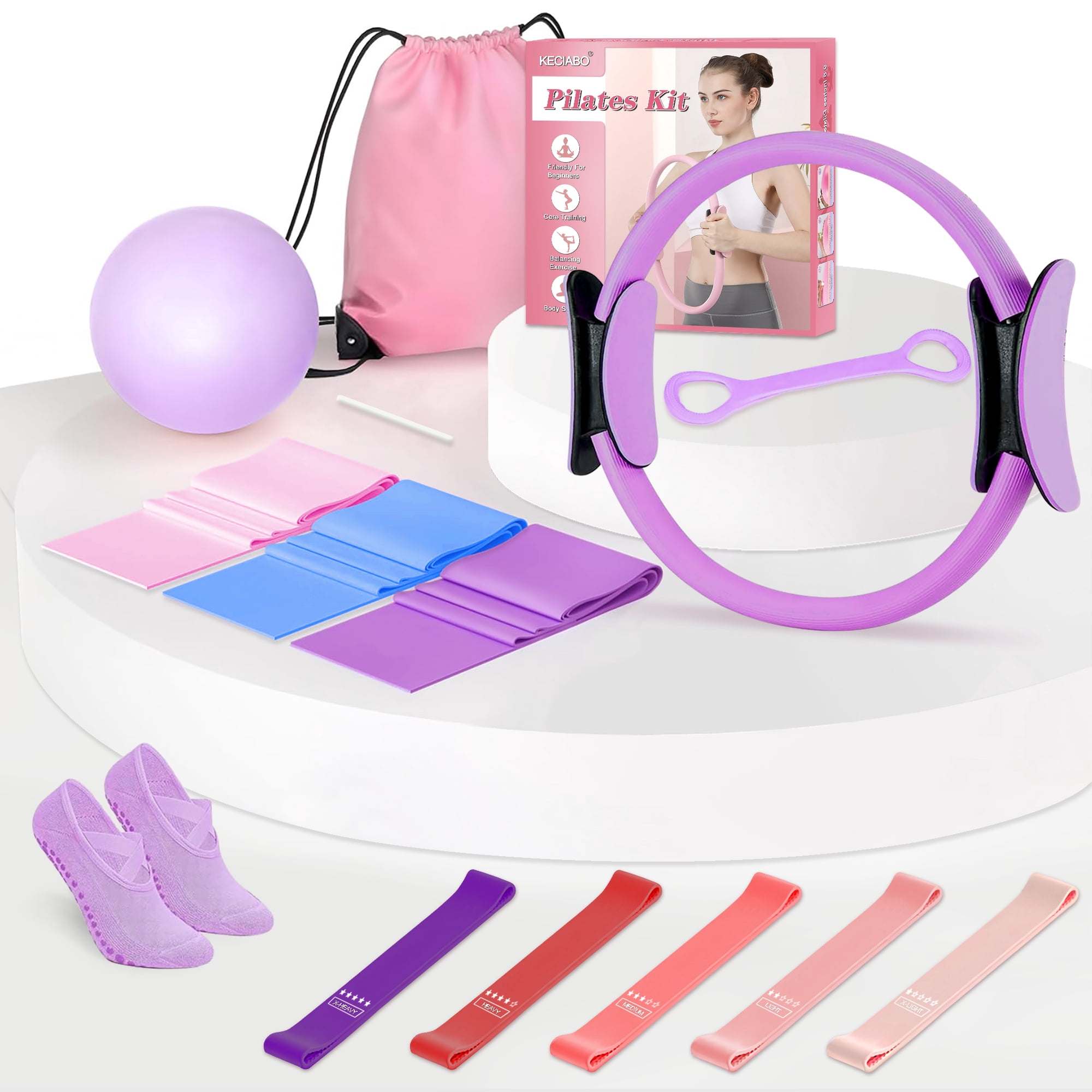 Pilates Kit, Home Yoga Pilates Workout Kit for Women，13.5-Inch Pilates Ring with 1x Core Ball, 5X Resistant Loops and 3X Flex Bands, Arm Exerciser and Grip Socks