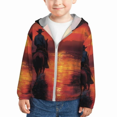 

Junzan Sunset River Western Cowboy for Kids Sun Protection Hoodie Boys Rash Guard with UPF 50+ Sun Protection Summer Jacket Long Sleeve Fishing Hiking Sun Shirt-4 Years