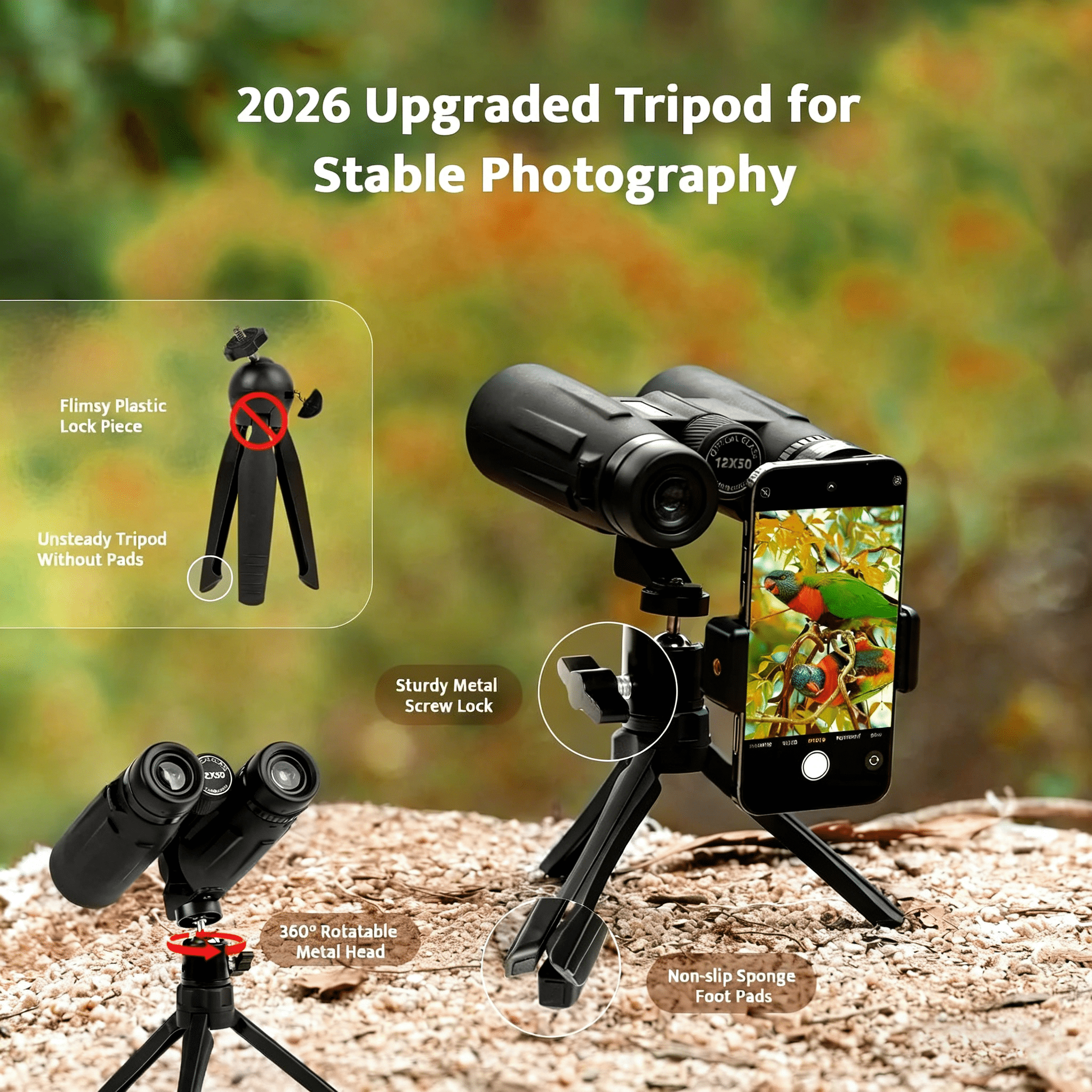 Usogood 12x50 HD Binoculars for Adults and Kids, Binoculars for Day and Night with Tripod Phone Adapter, Clear FMC BAK4 Prism Lens, Binoculars for Birds Watching Hunting Traveling
