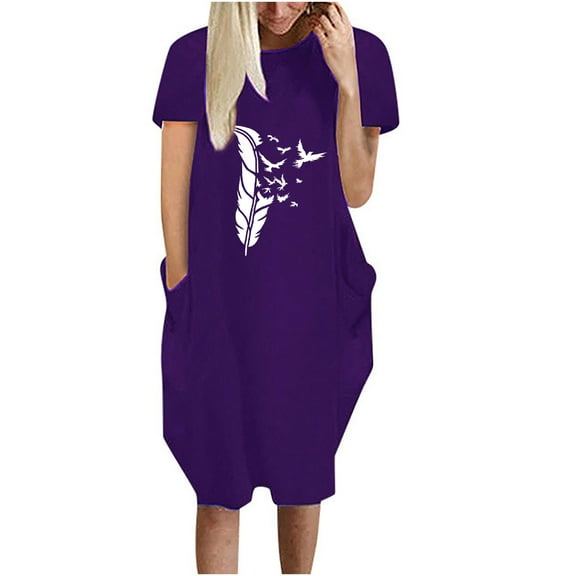 WXLWZYWL Summer Dress 2023 Clearance Women'S Leisure Loose Feather Print Dress Short Sleeve V-Neck Dress Purple