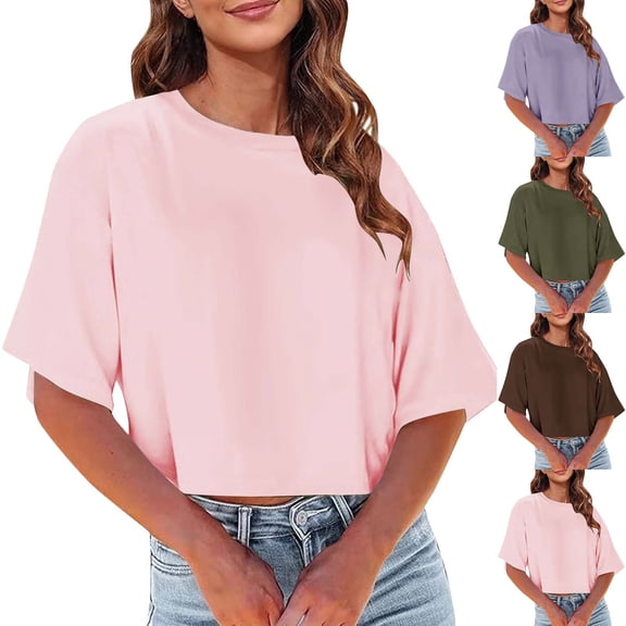 Swuxness Women Short Sleeve Casual T Shirts, Spring and Summer Tops, Ladies V-Neck Solid Color Comfortable Fashion Loose Pullover Tee Pink, S