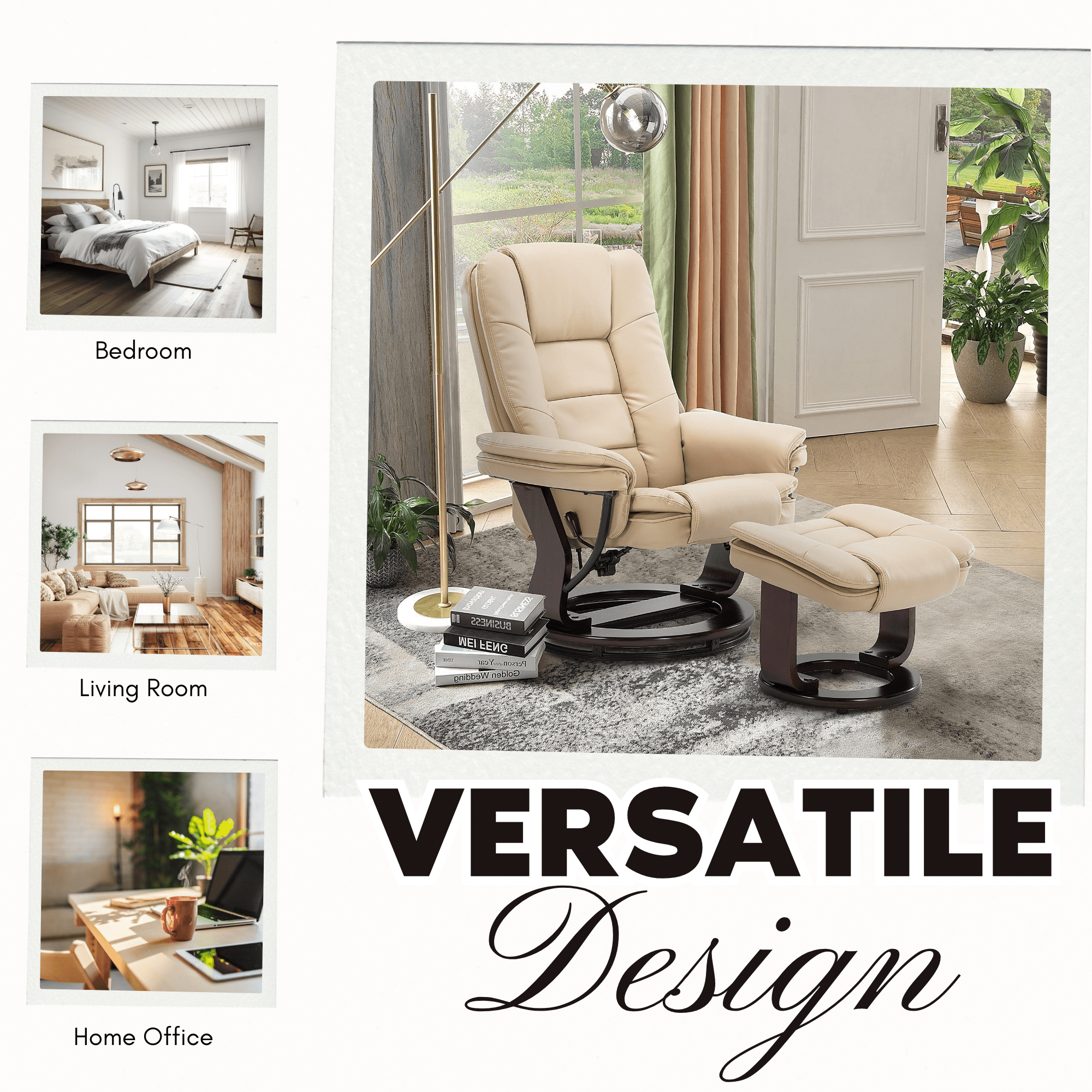 32'' Wide Manual Swivel Standard Recliner with Ottoman,Faux Leather,Beige