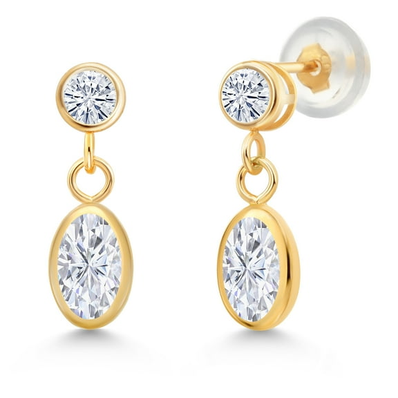 Gem Stone King 14K Yellow Gold White Moissanite Drop Dangle Earrings for Women (1.20 Cttw, Gemstone Birthstone, Oval 6X4MM, Round 3MM)