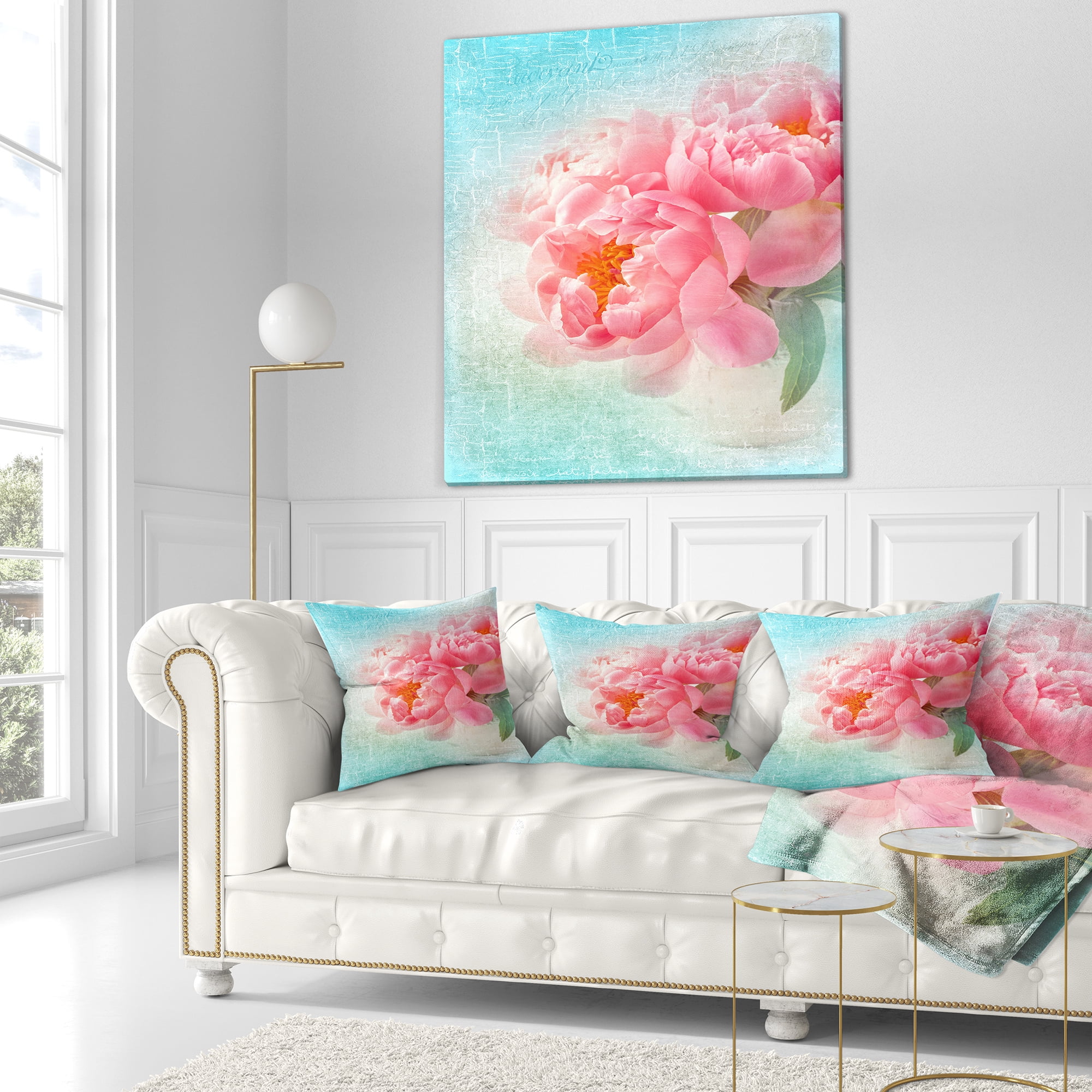 Designart Peony Flowers Merged to Blue - Floral Throw Pillow - 18x18
