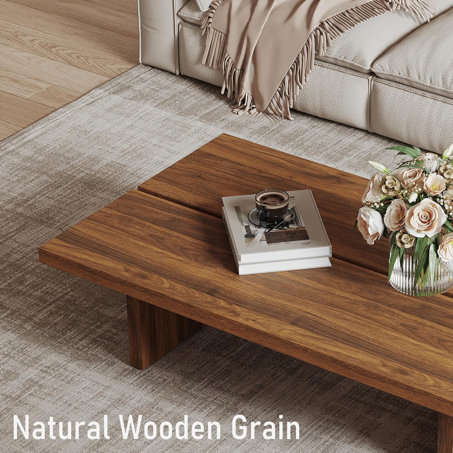 FHKJ 47 Inch Rectangular Wood Coffee Table, Modern Farmhouse Coffee Table for Living Room, Brown Minimalist Center Table