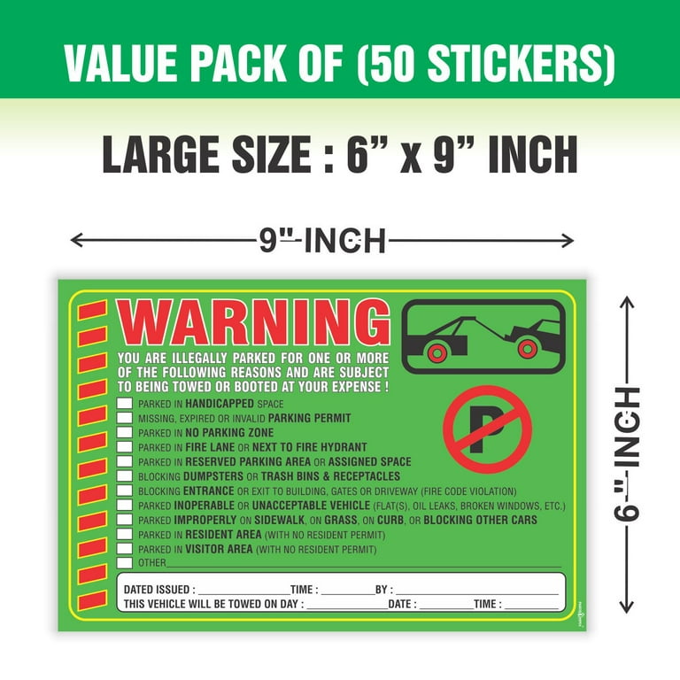 Parking Violation Stickers Notice (Pack of 50) Tow Warning You are