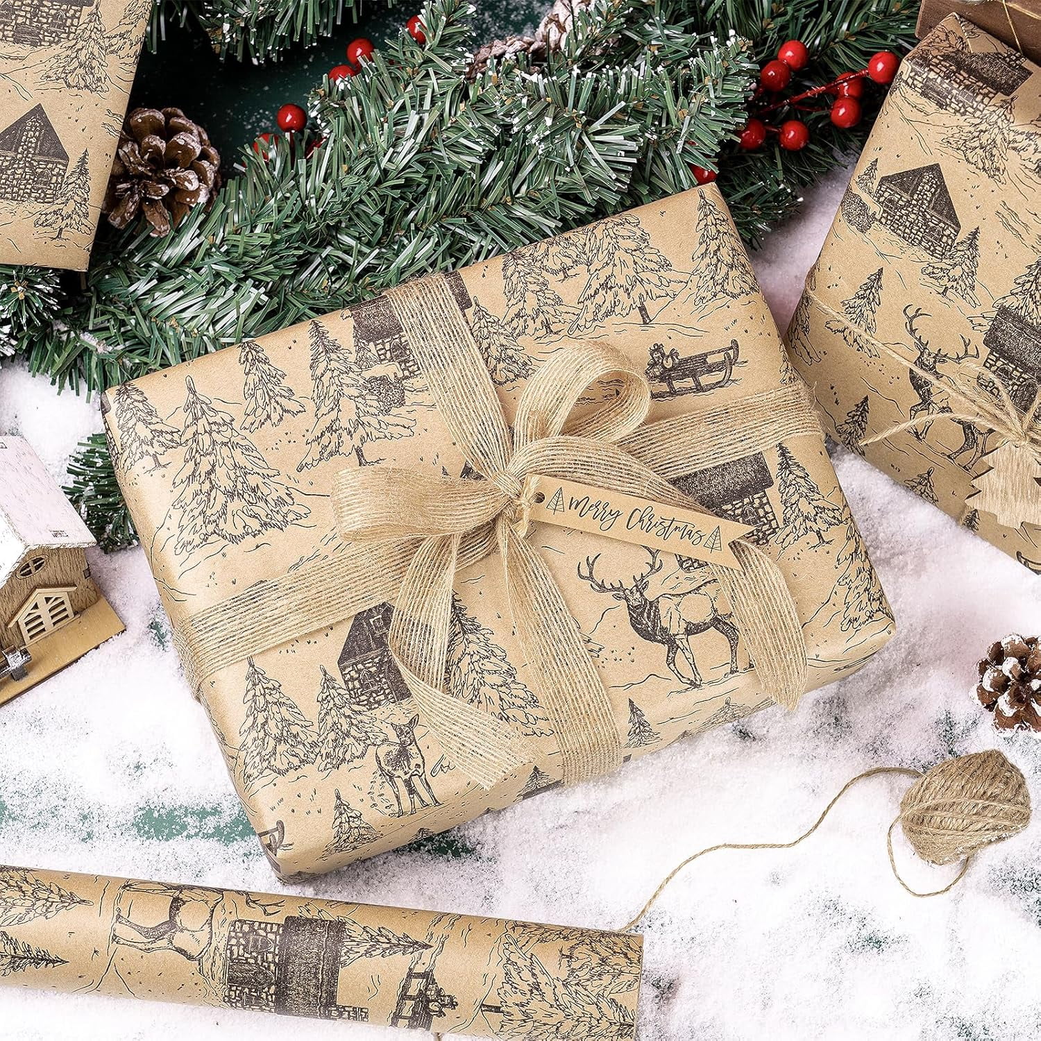 Kraft Christmas Wrapping Paper Roll, Mini Roll, Vintage Black Winter Cabin and Forest Scene Design, Rustic Holiday Gift Wrap for Women, Men, Xmas Gifts, Winter Party, 17 Inches x 16.4 Feet