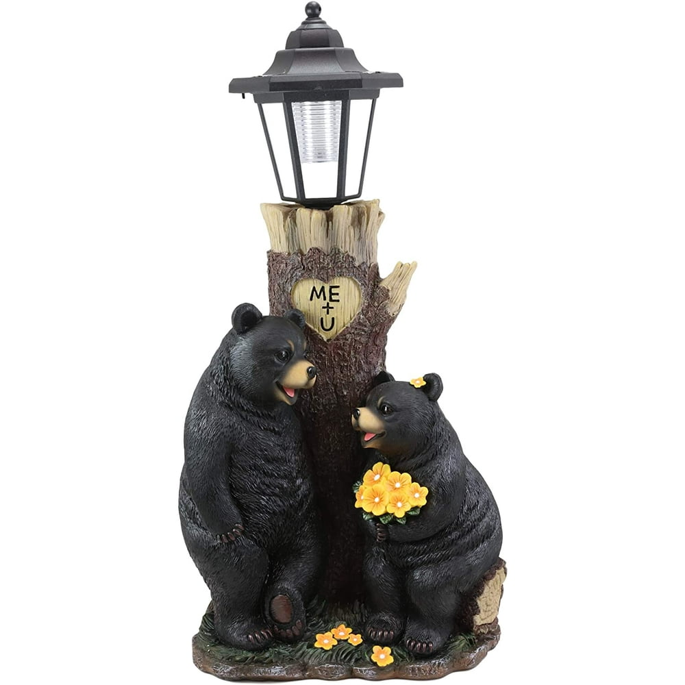 Ebros Me + U Black Bear Couple Outpost Statue with Solar LED Light