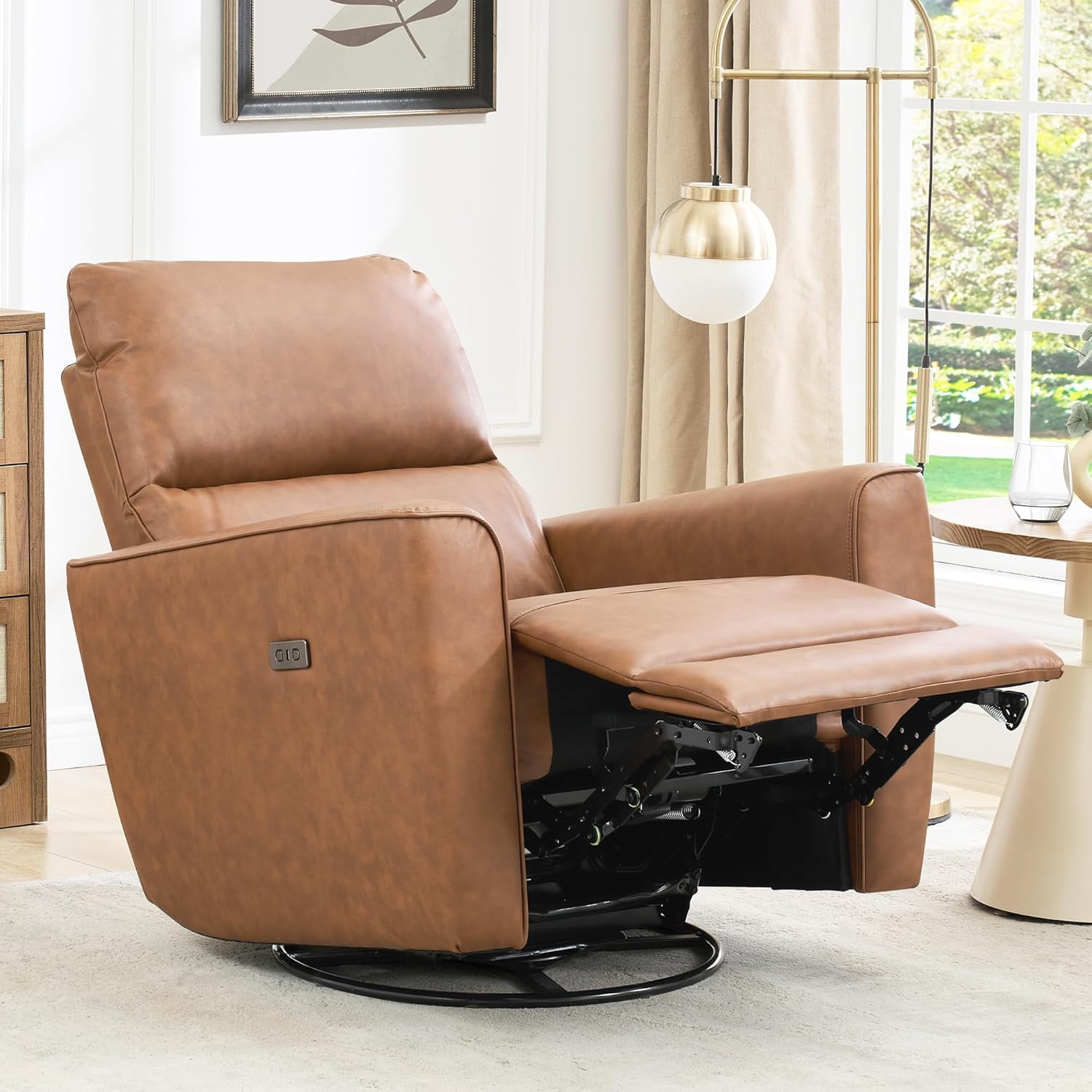 Power Recliner Chair 270° Swivel Rocking Glider with USB Port PU Leather Upholstered Nursery Chair with Adjustable Backrest for Living Room Office Home Theater and Nursery
