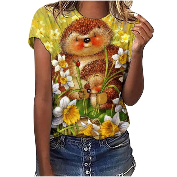 Camiseta de manga corta con cuello redondo y estampado informal de verano para mujer Pompotops hfajkhk135012