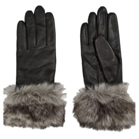 Ladies Leather Driving Gloves - Womens Black Leather Faux Fur Trimmed Driving Gloves - Size - Large