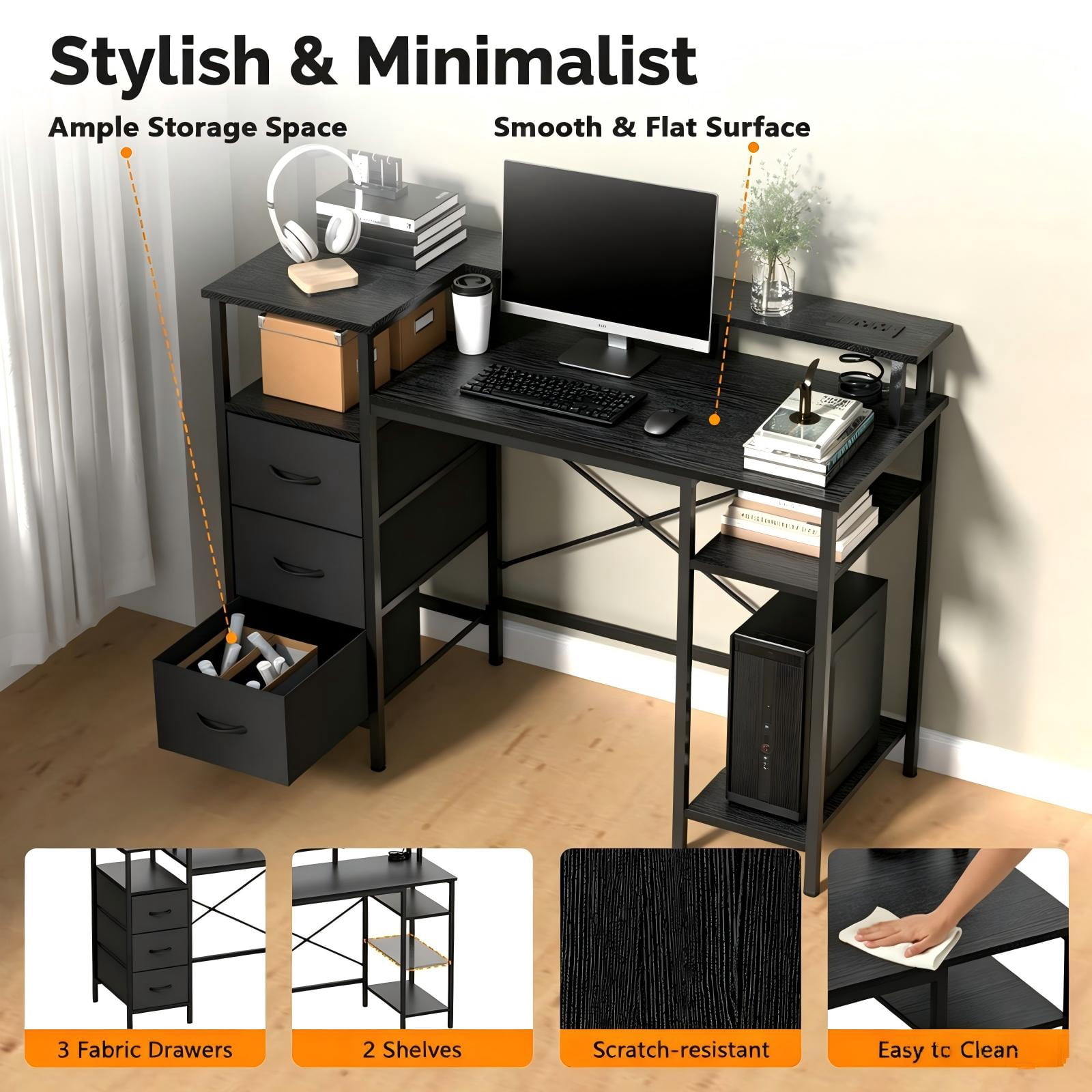 3-Drawer 4-Shelf Computer Desk with Power Strip, 47.2 x 18.8 x 34.7 in, Black