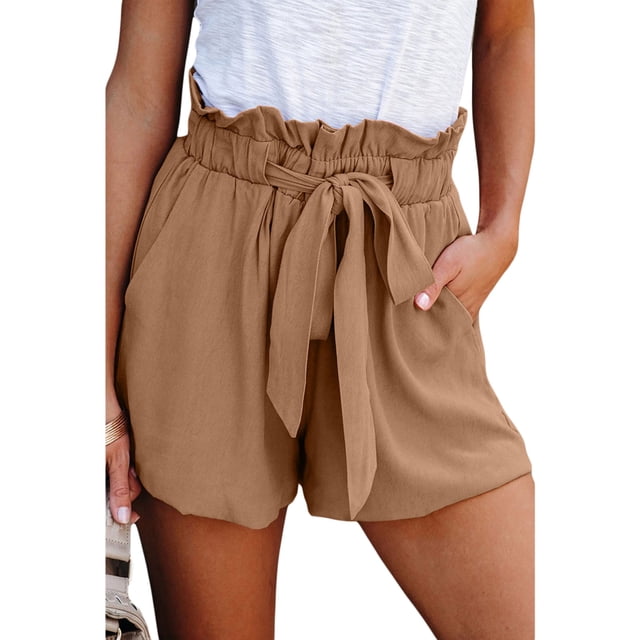 VISgogo, pantalones cortos sueltos informales de verano para mujer, pantalones cortos elásticos de cintura alta con cordones de Color sólido a la moda VISgogo moda