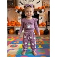 thumbnail image 6 of Baby Girls Halloween Outfits Adorable Letter Pumpkin Embroidery Long Sleeve Romper and Elastic Waist Pants Headband Set, 6 of 9