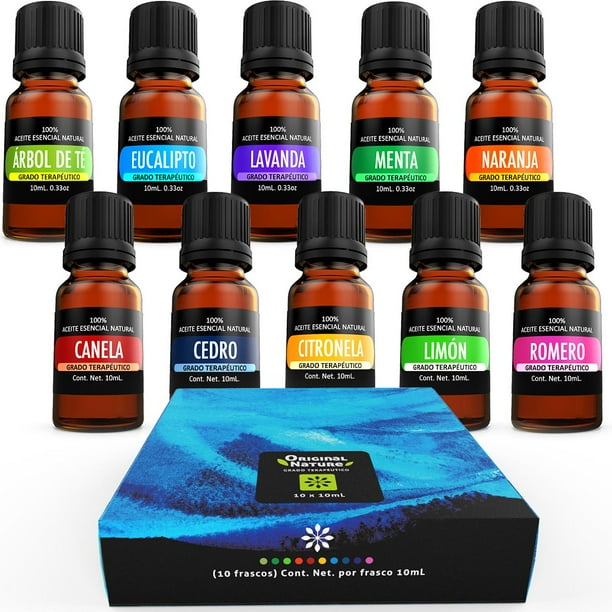 Kit de 10 aceites Esenciales para difusor y Aromaterapia Lavanda, Árbol de Té, Eucalipto, Naranja, Menta, Cedro, Citronela, Romero, Limón, Canela 10 X 10 mL BIENAT AROMATERAPIA Kit de 10 aceites