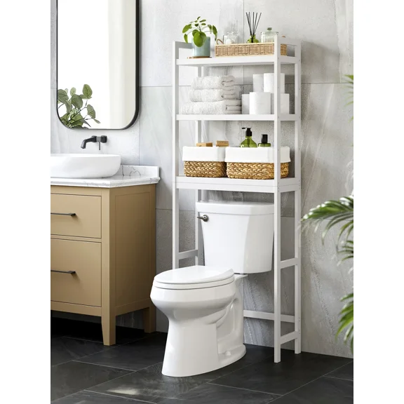 Over The Toilet Storage, 3-Tier Bamboo Over Toilet Rack Bathroom Organizer With Adjustable Shelf, Fit Most Toilets, Space-Saving, Easy Assembly