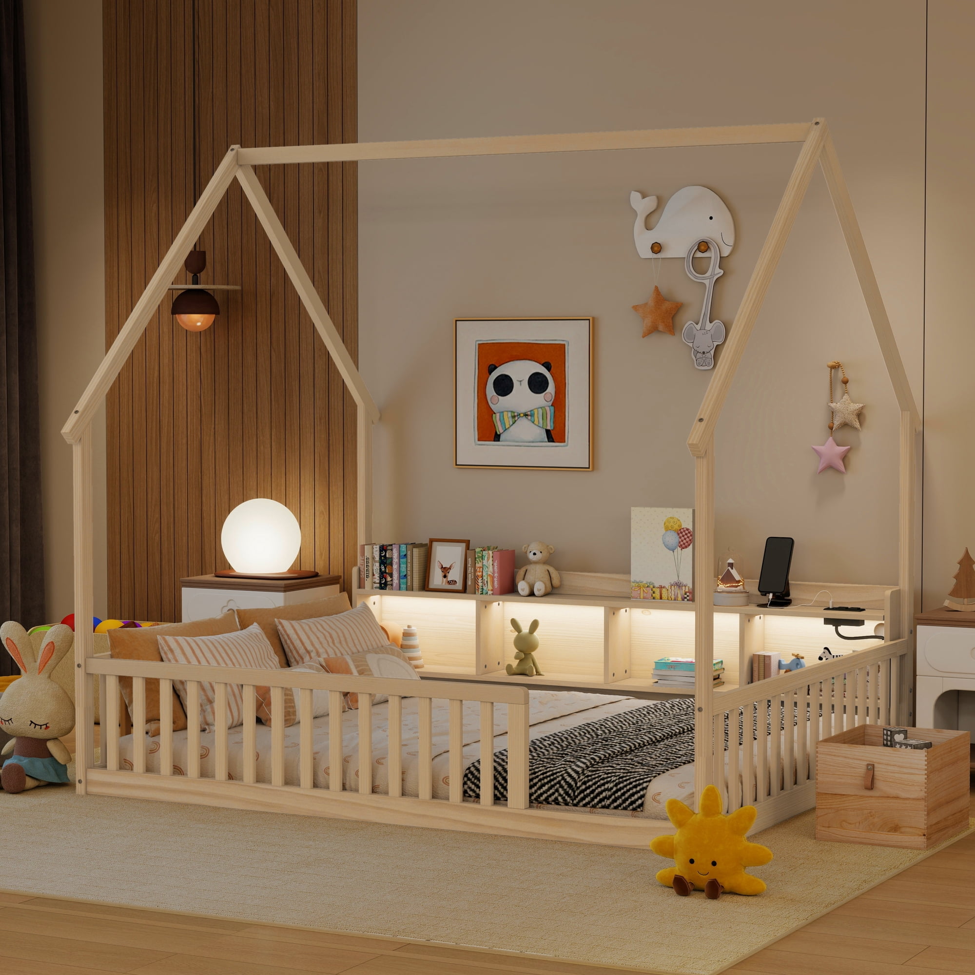 Leumius Full Size House Floor Bed with Storage Shelves,Built-in LED Lights & Charging Station,Pine Wood Floor Bed Frame with Safety Guardrails for Kids Bedroom Natural