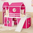 thumbnail image 2 of Twin Size House Loft Bed with Slide and Tent, Wood Twin Over Twin Floor Bunk Bed with Curtains & Tower, Loft Bed Playhouse Bed Frame for Boys and Girls（Pink), 2 of 9