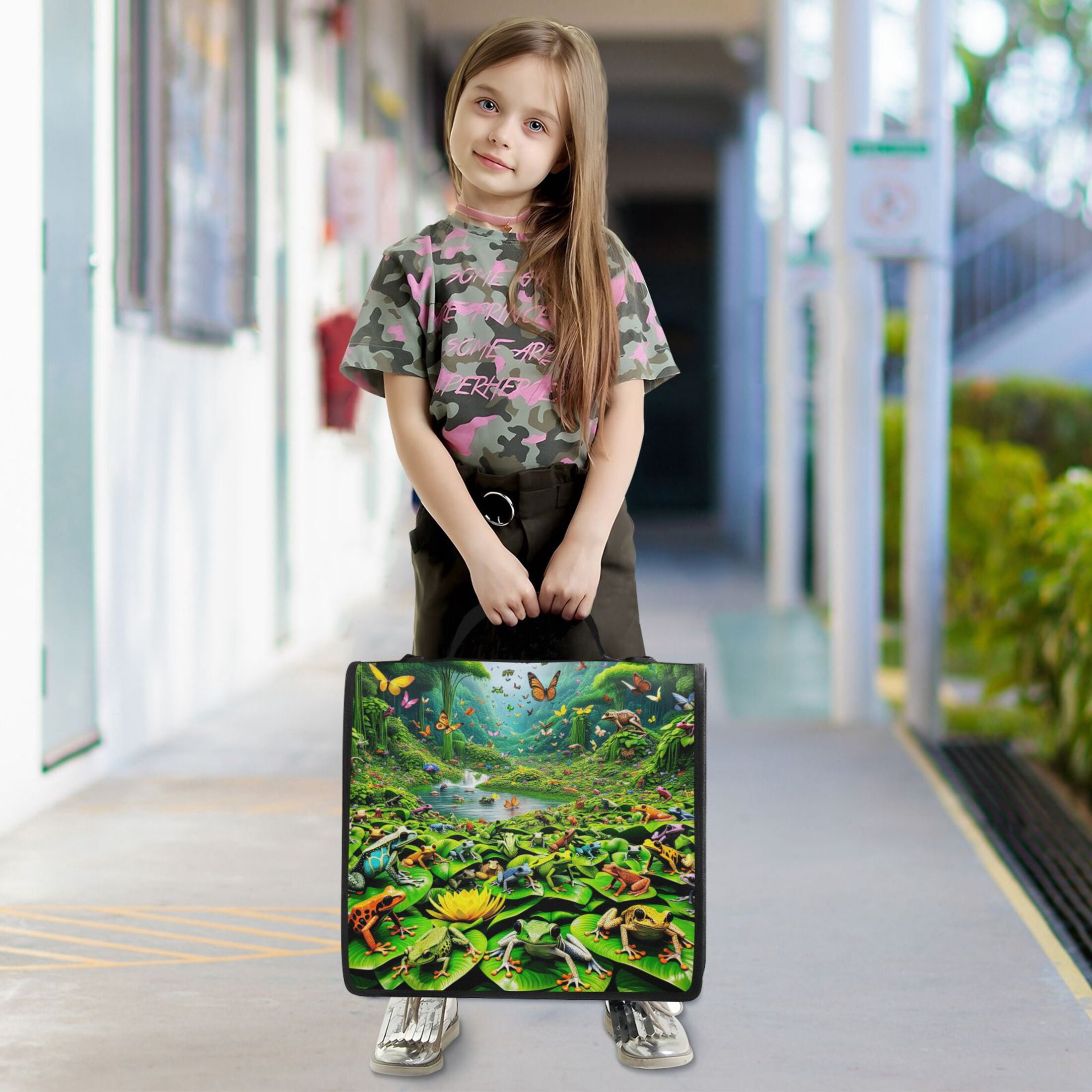 3 Ring Zipper Binder with Shoulder Strap Waterproof Trapper Keeper 2 Inch D-Ring 500 Sheets Capacity Colorful Frogs and Butterflies
