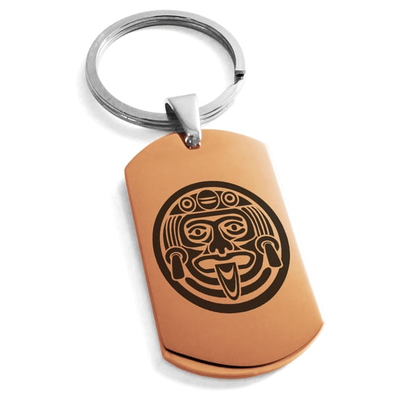 Stainless Steel Aztec Mask Rune Engraved Dog Tag Keychain Keyring