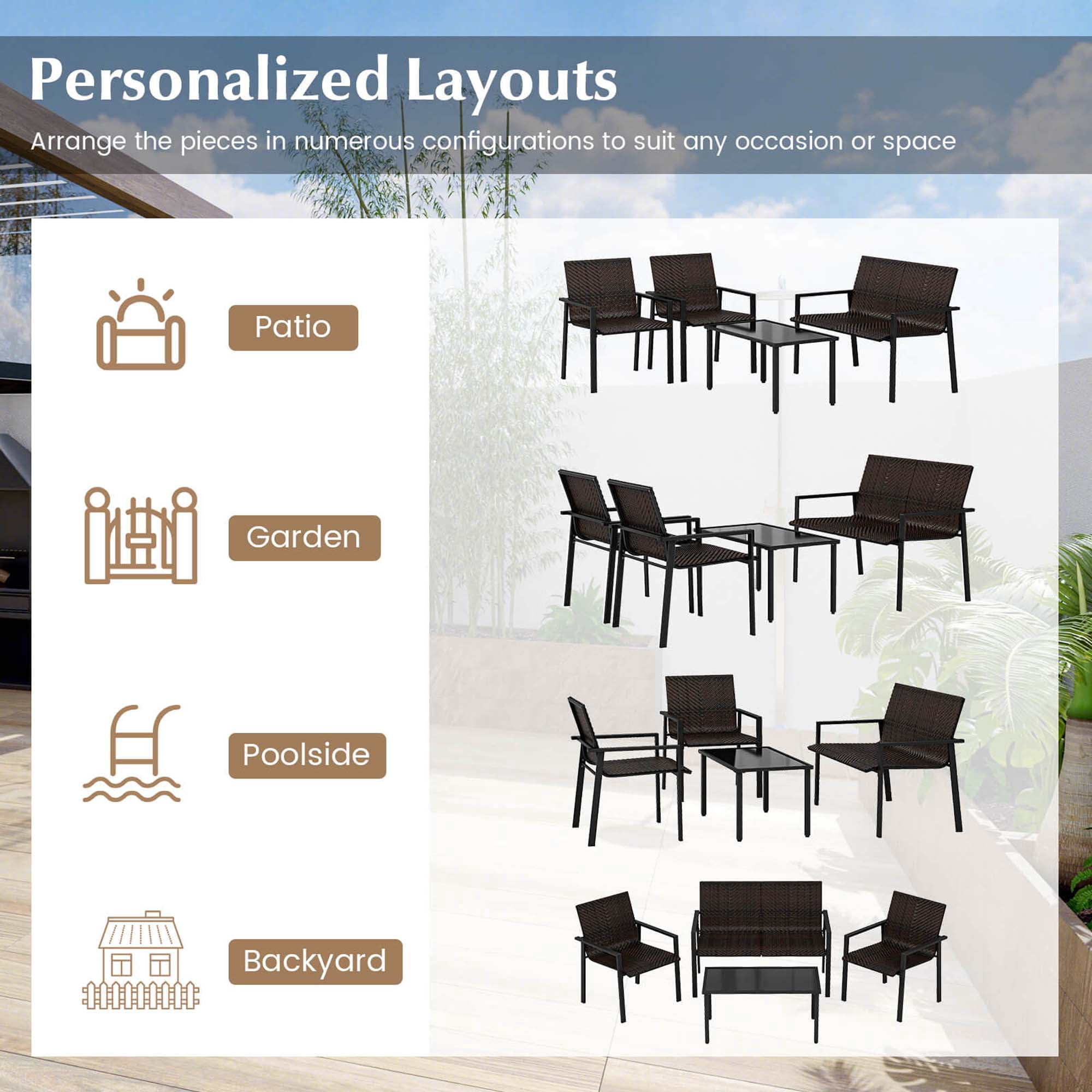 Costway 4 PCS Outdoor Wicker Patio Furniture Set with Heavy-Duty Galvanized Metal Frame Mix Brown