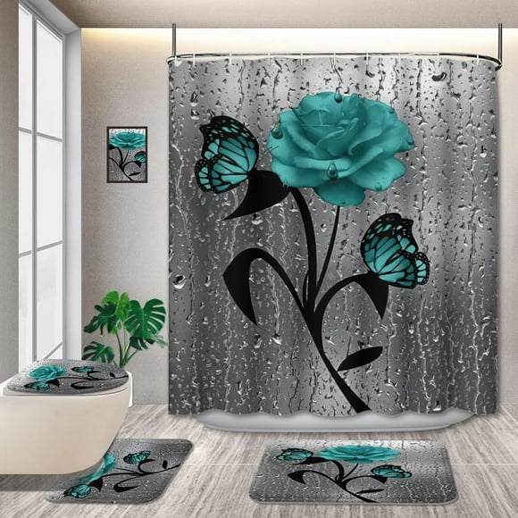 4 Pcs Teal Gray Rose Shower Curtain Set with 12 Hooks, Toilet Lid Cover, Bath Mat, U Mat, Blue Rose Waterproof Raindrops Wall Art Shower Curtains