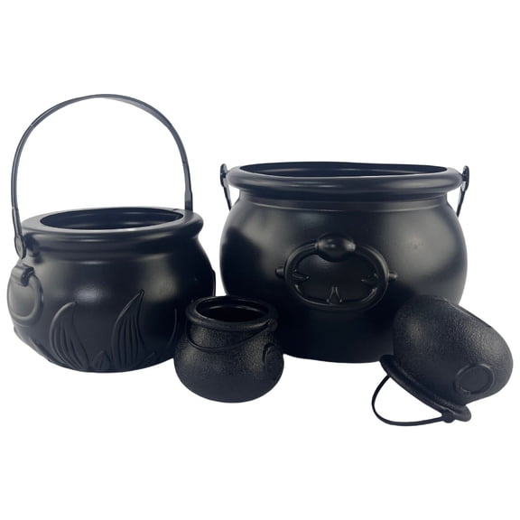 Pack Of 4 Large Black Witch Cauldron Kettles, MultiSize Candy Holders for Halloween Day Party Decors
