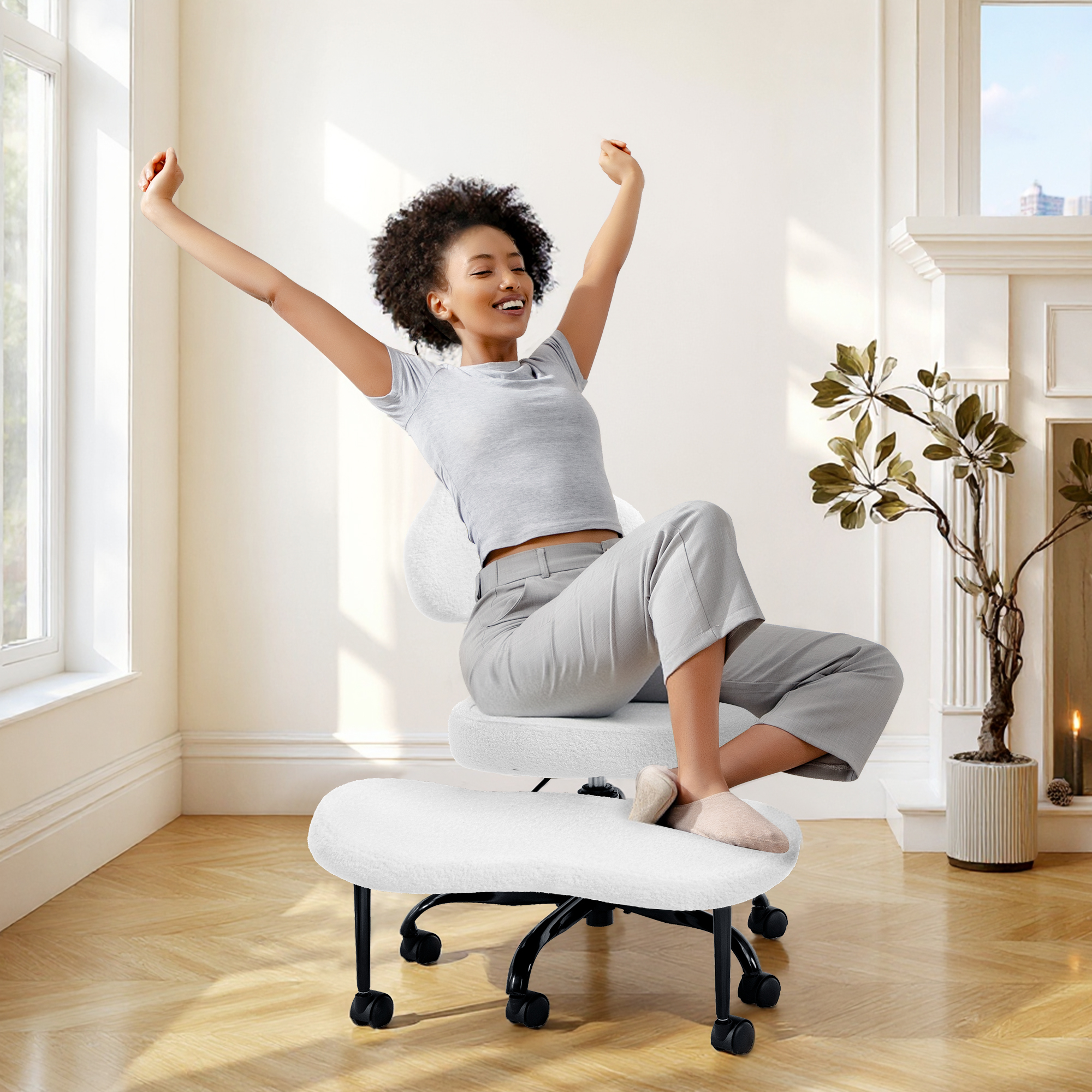 Primy Cross Legged Swivel Chair, ADHD Meditation Yoga Chair, Ergonomic Kneeling Chair for Adults with Wide Seat, 360° Swivel Retractable Footrest, Adjustable Height and Teddy Fabric, White
