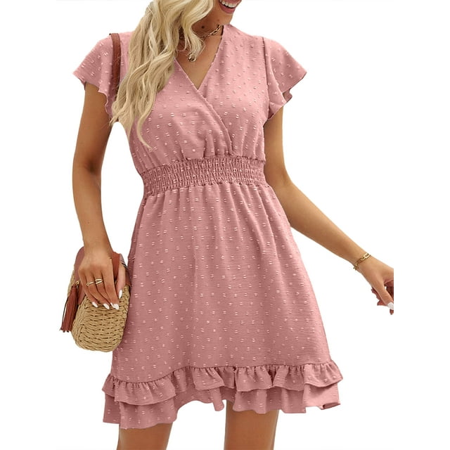 Sunloudy Robe Courte d'Été pour Femmes Enceintes à Manches Courtes, Col en V, Pois Suisses, Robes de Maternité