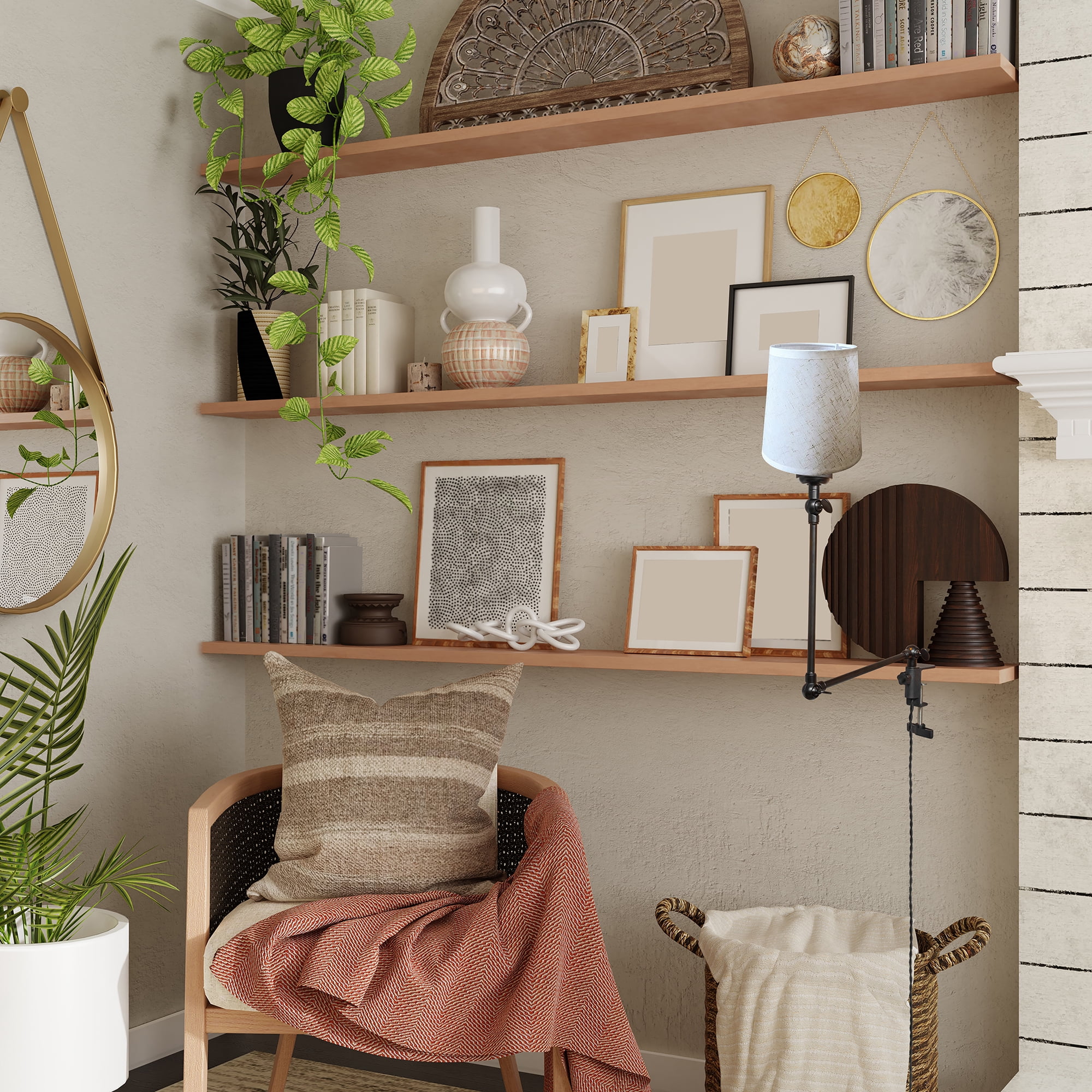 Kiven Plug-in Modern Clip-on Desk Lamp, 1-Light Nordic Nightstand Lamp with Flexible Arm, Beige Drum Fabric Lampshade, 8.2FT Plug in Cord, Decorative Clamp Lamp for Office Home Bookshelf Bedside