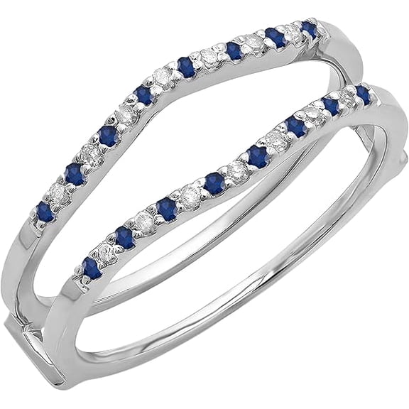 Gems Jewels 14K White Gold Plated 2.42 Ct Round Cut Blue Sapphire & Diamond Wedding Engagement Enhancer Guard Wrap Ring 925 Sterling Silver For Women's -7