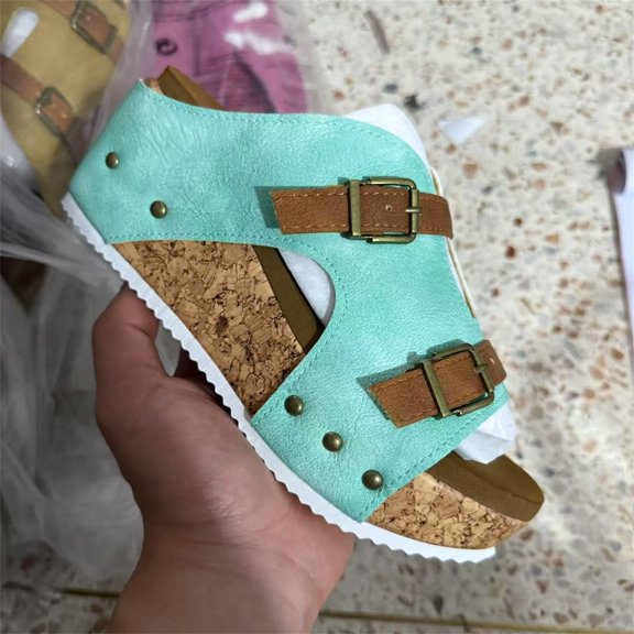 Domuza Women Wedge Sandals Cork Footbed Sandals Open Toe Buckle Band Platform Wedges Casual Comfortable Summer Dressy Shoes Green 8(EU-40)