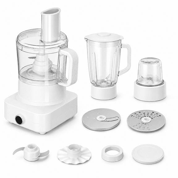 Hicloud Multifunctional Food Processor with Blender, Grinder, Chopper, Slicer, Shredder and Dough Blade, All-in-One Kitchen Prep System for Vegetables, Meat, Smoothies, White