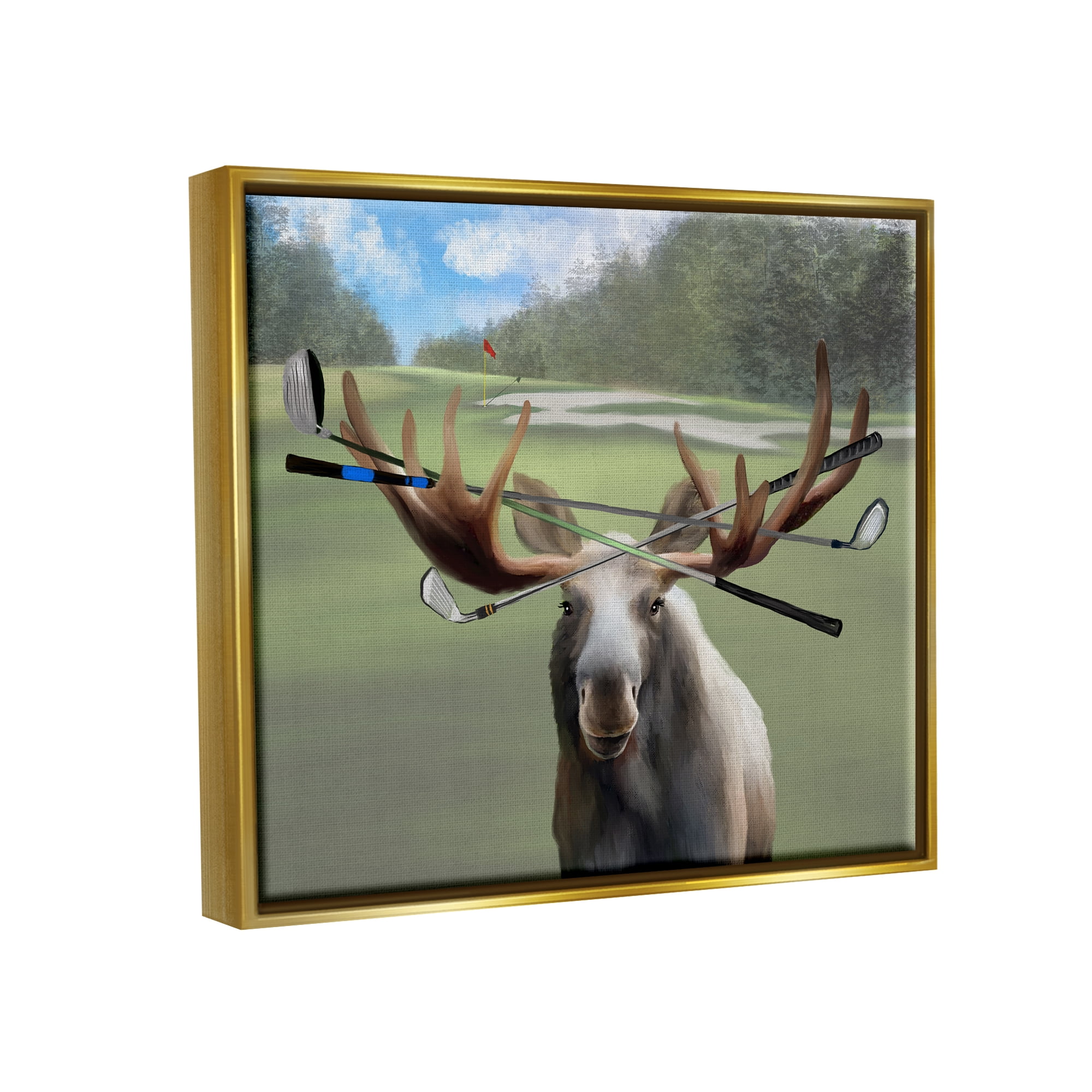 Stupell Funny Golf Clubs Moose Antlers Animals & Insects Painting Gold Floater Framed Art Print Wall Art