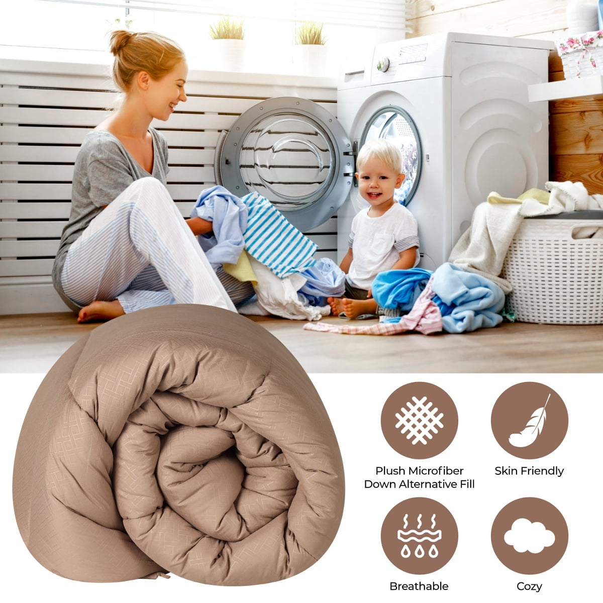 Superior Basketweave Plush Down Alternative Comforter, Full/Queen, Taupe