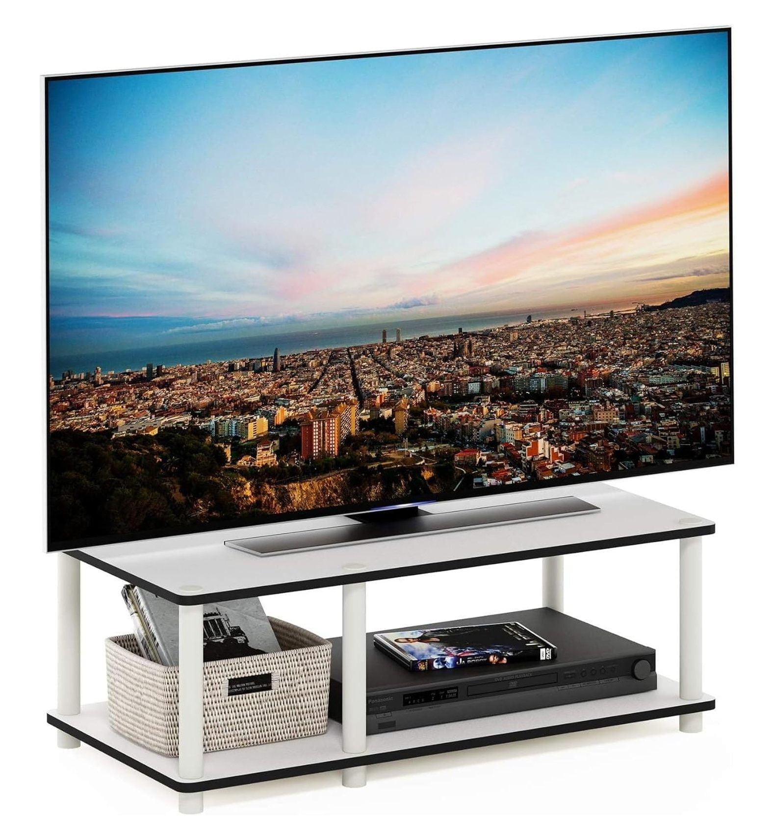 60 Inch TV Stand No Tools Assembly, White Entertainment Console for 32-65” TVs, Low Profile Media Console with Storage, Modern Living Room Furniture