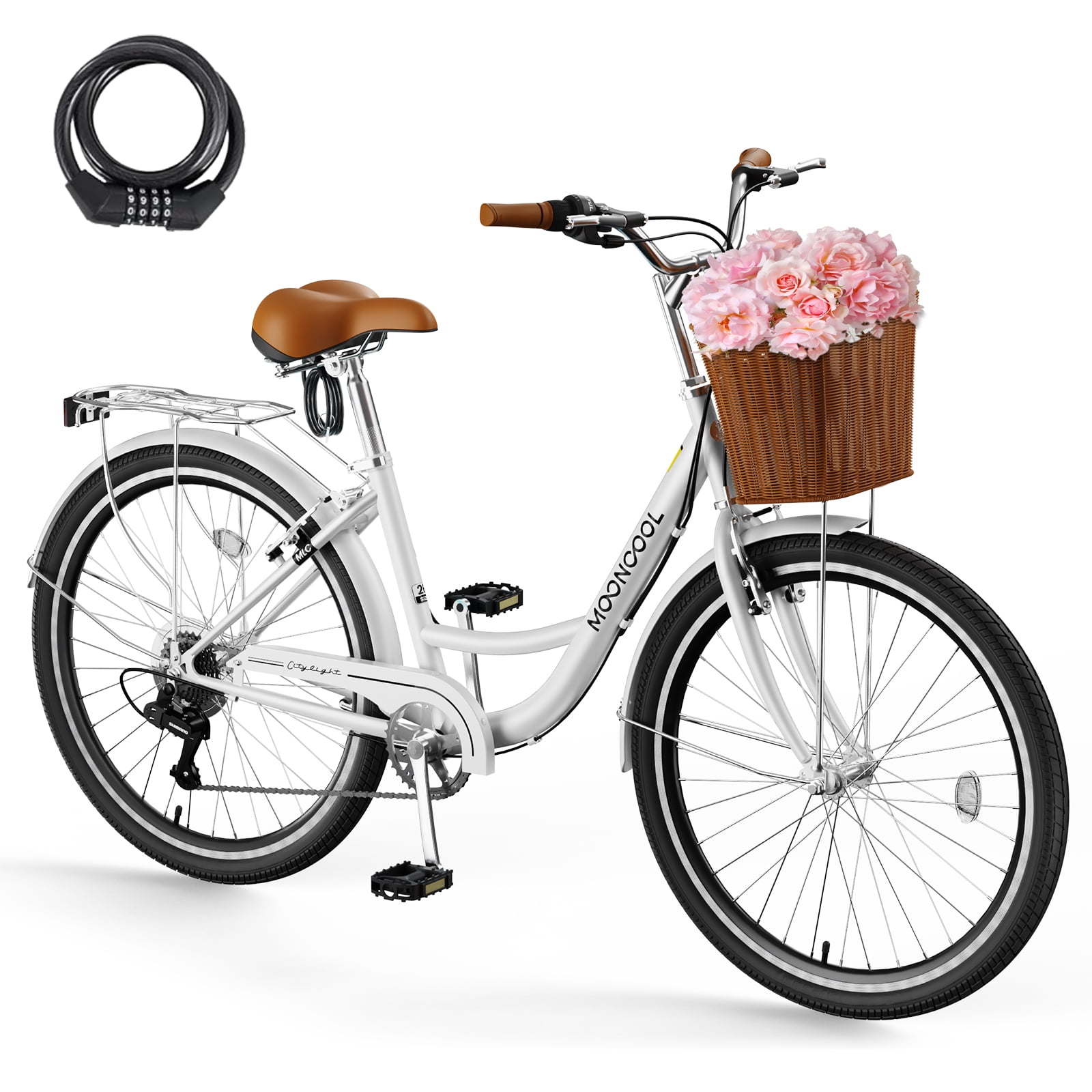 MOONCOOL 24/26 Inch Cruiser Bike for Women, 7 Speed Step-Through Bicycle with Basket, Rear Rack & Lock, Retro City Bike for Adults