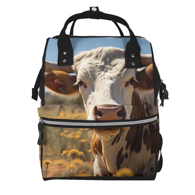 Fotbe Countryside Flower Cow Mochila Maternidad - Lona de Sarga Impermeable, Mochila de Pañales de Gran Capacidad con Múltiples Bolsillos y Correas Ajustables