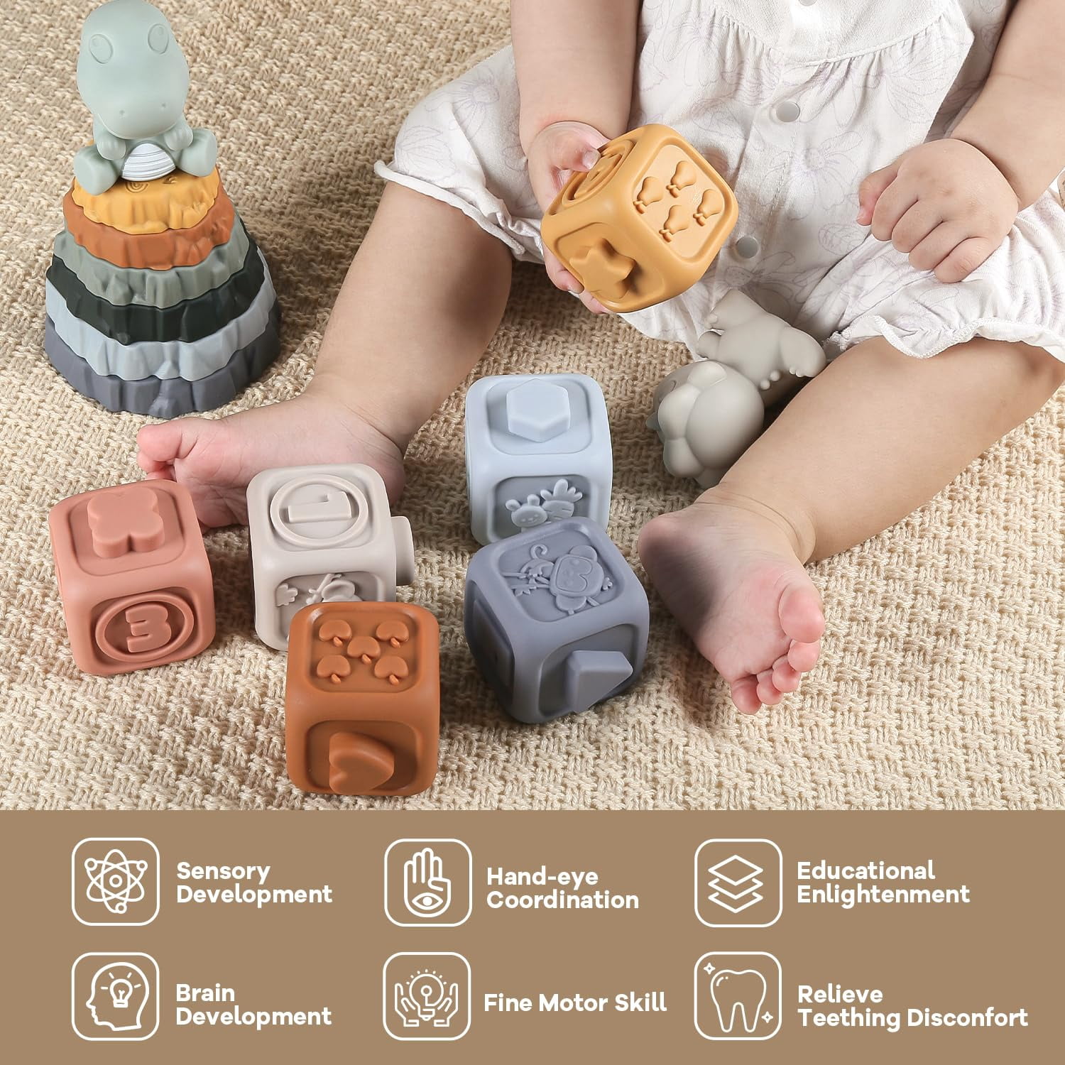 HYPERLIVING Stacking Rings & Nesting Building Blocks for Babies 6 12 18 Months, 14 Pcs Soft Stacker Teething Toys with 2 Dinosaur, Montessori Learning Toys for Infant Toddler Boys Girls