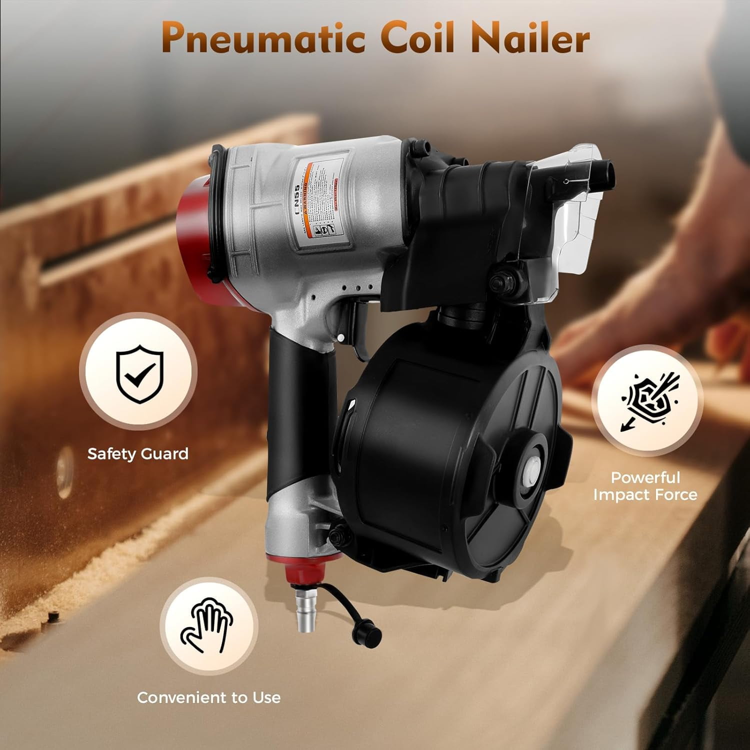 CN55 Pneumatic Siding Nail Gun Fence Nailer, 300 Nail Capacity, Continuous Fire for Wood Pallets, Fences, Packing Boxes