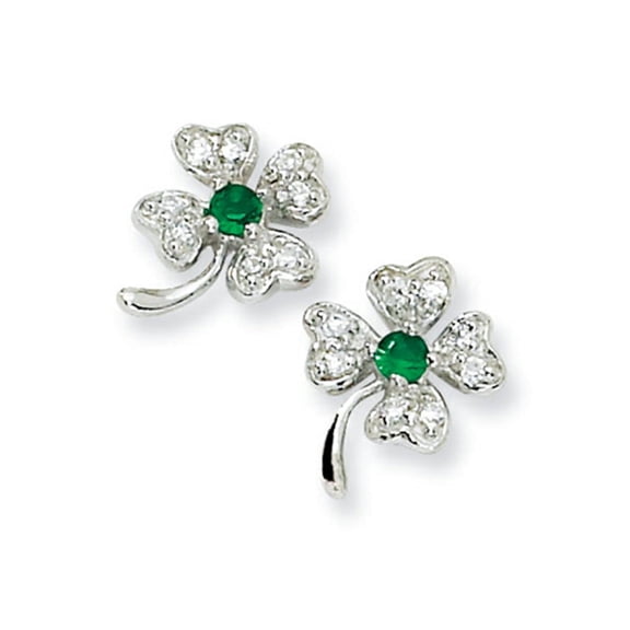 Sterling Silver Glass Sim. Emerald & CZ 4-leaf Clover Post Earring