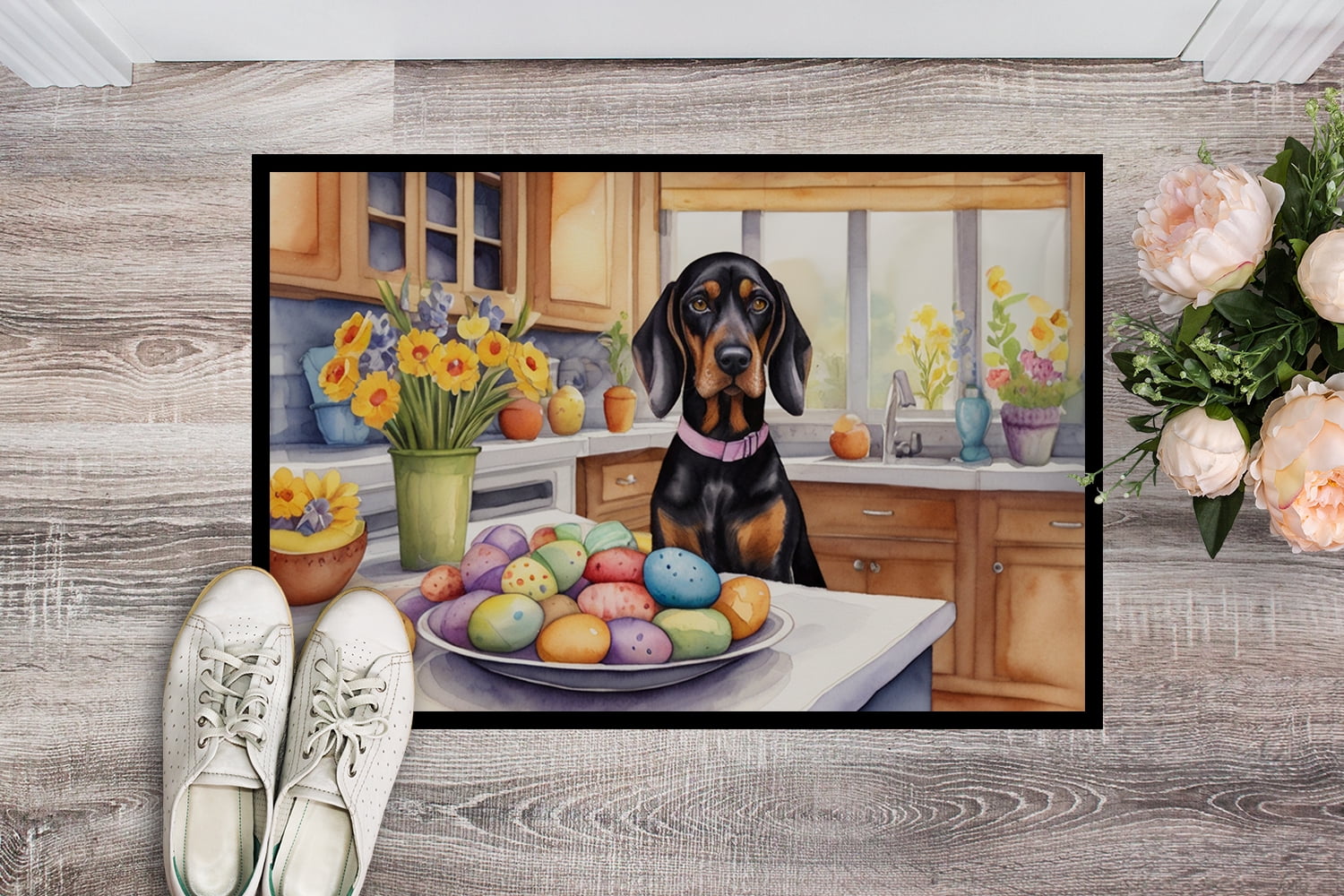 Decorating Easter Black and Tan Coonhound Doormat 27 in x 18 in