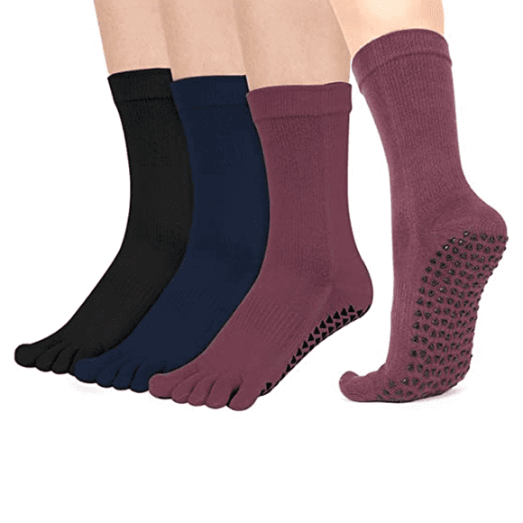 Yoga Toe Socks Women with Organizer, Non Slip Five Finger Socks with Compartment Storage, Cotton Athletic Socks
