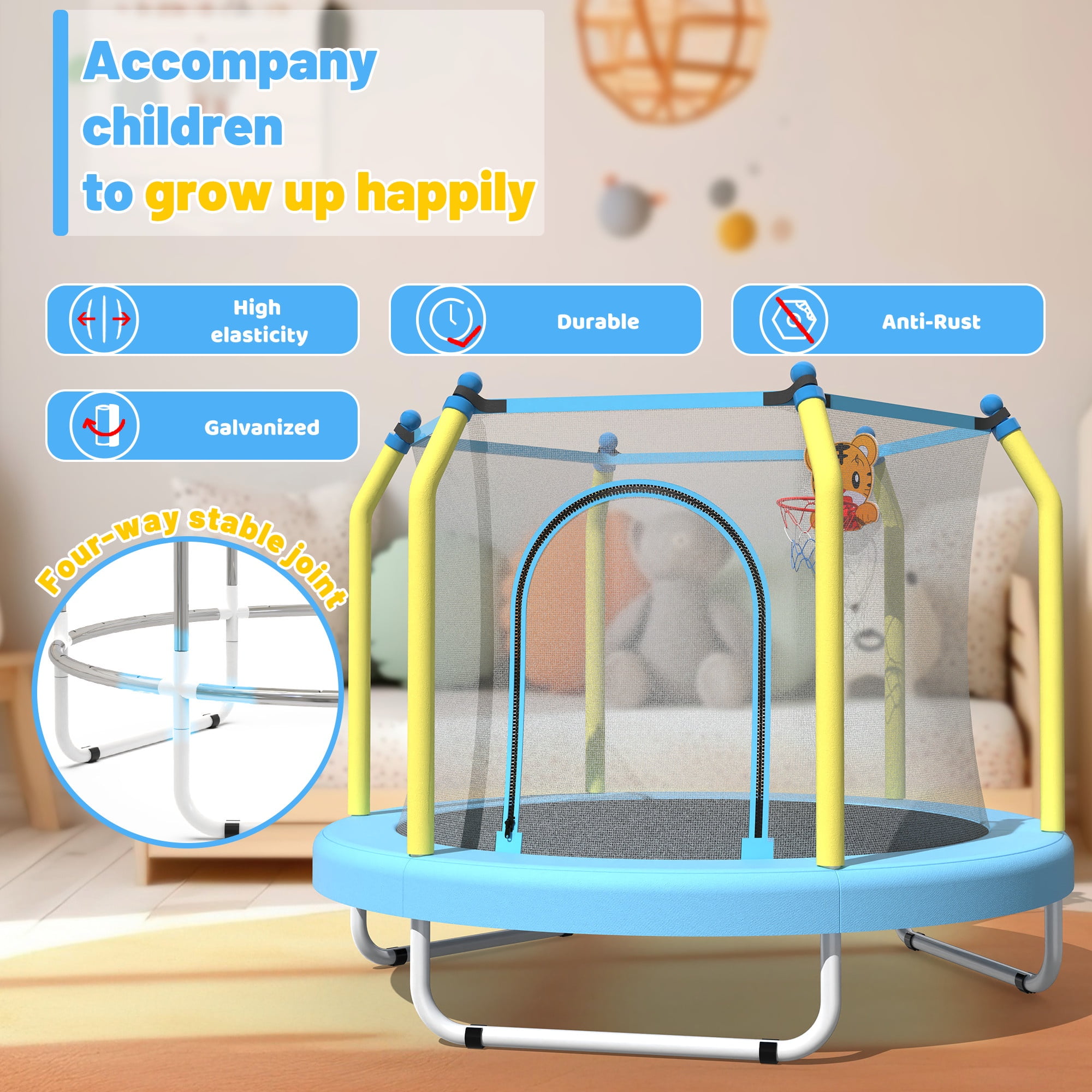 55" Trampoline with Enclosure for Kids, SEGMART Indoor Outdoor Toddler Trampoline with Basketball, Indoor Outdoor Kids Trampoline with Basketball Hoop, Small Round Trampoline for Boys Girls